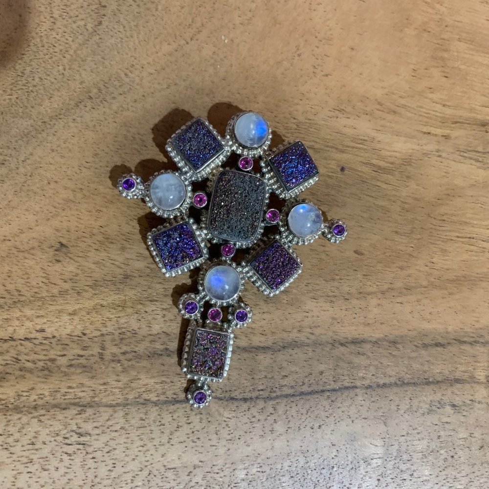 Nicky Butler Amethyst/Druzy Silver Cross Pin/Pndnt